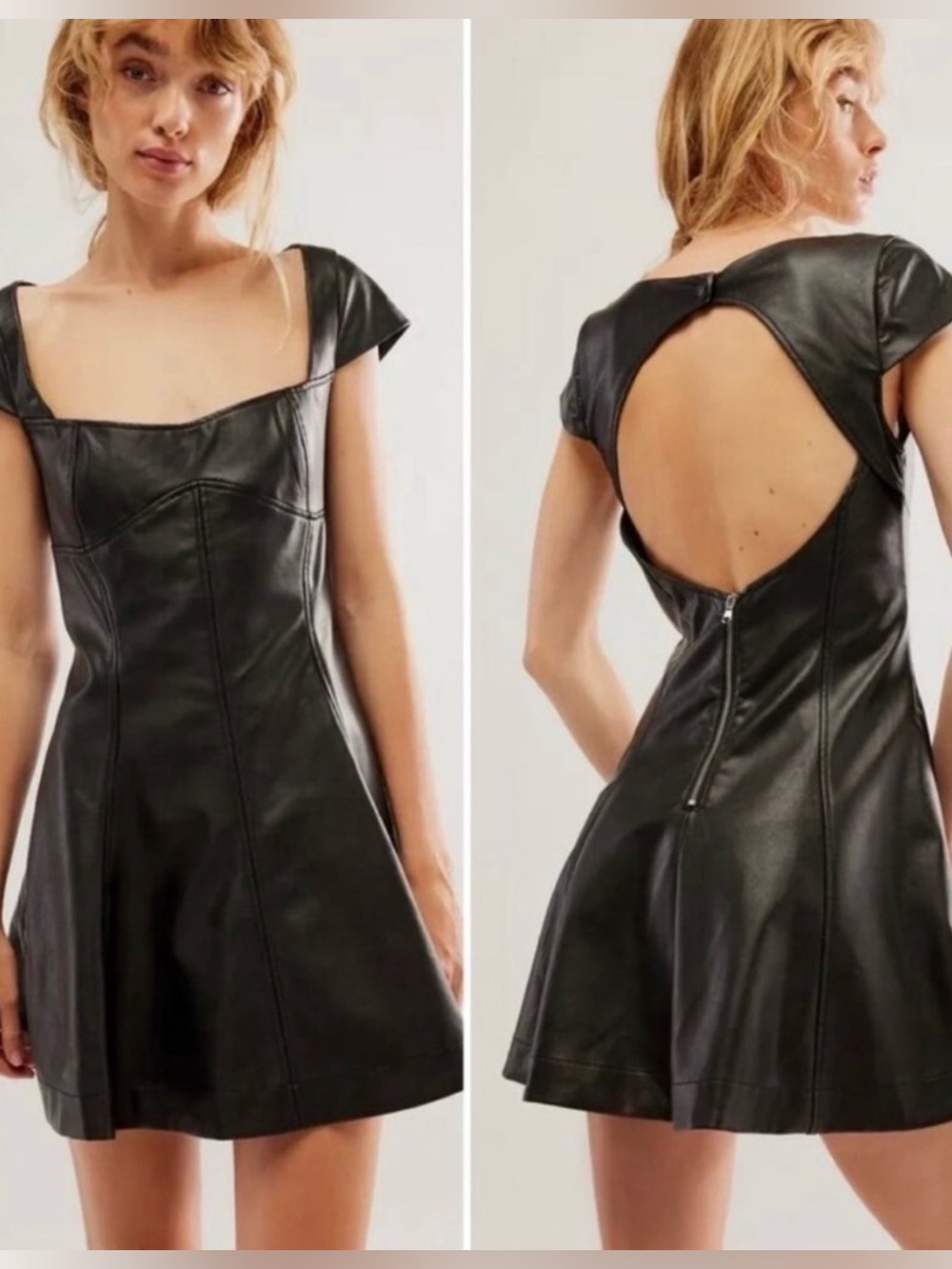 Free People Mimi Black Vegan Leather Mini Dress Cap Sleeve Size 0 NWT